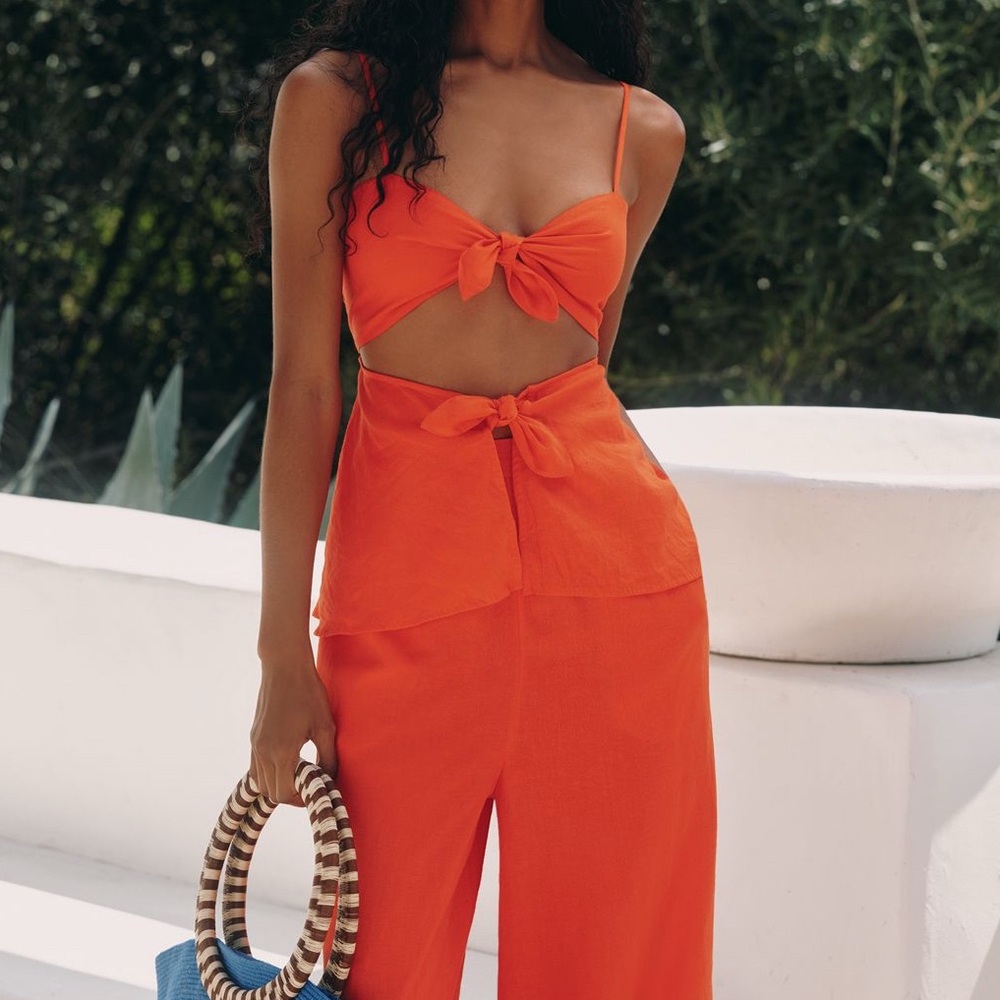 Anthropologie x Celandine Linen Blend Tie Front Cutout Tank Top and Pant Set